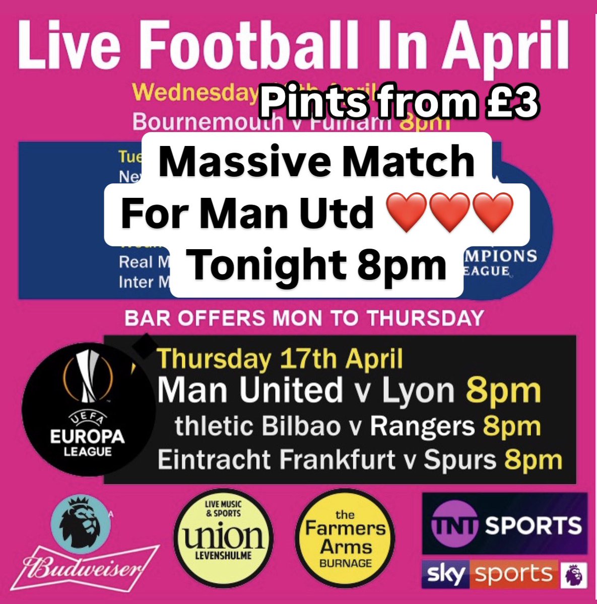 Massive match for #manutd ❤️❤️❤️ tonight and don’t forget we have pints from £3 in Union and Farmers Arms