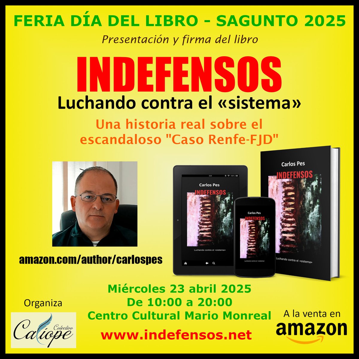 ¡Hey! Este 23 de abril, por el #DiaDelLibro , estaré en #Sagunto firmando libros junto a un montón de autores geniales, en un evento organizado por el "Colectivo Calíope". Vamos a pasar un día entero entre historias, tinta y buenas conversaciones. ¡Estáis más que invitados!