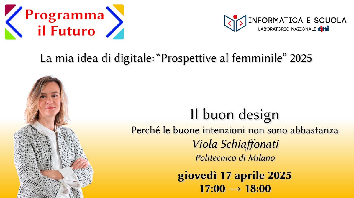 Quale futuro per le ragazze nel digitale? Costruiamolo insieme, con questa iniziativa che le vede protagoniste. Oggi alle 17.00 terzo webinar con la collega Viola Schiaffonati, che racconta la sua esperienza e come affrontare le difficoltà che si possono incontrare lungo il