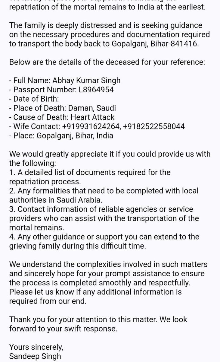 sandeepchauhaan's tweet photo. Appreciation tweet for @PMOIndia @narendramodi @MEAIndia @DrSJaishankar 

This is a true and personal experience !! 

23rd March-2025, 9.53PM: Wrote a mail to @MEAIndia : Request for assistance in repatriation of deceased Indian National Mr. Abhay Kumar Singh from Saudi.. 🧵 https://t.co/KyYKuvAMFD