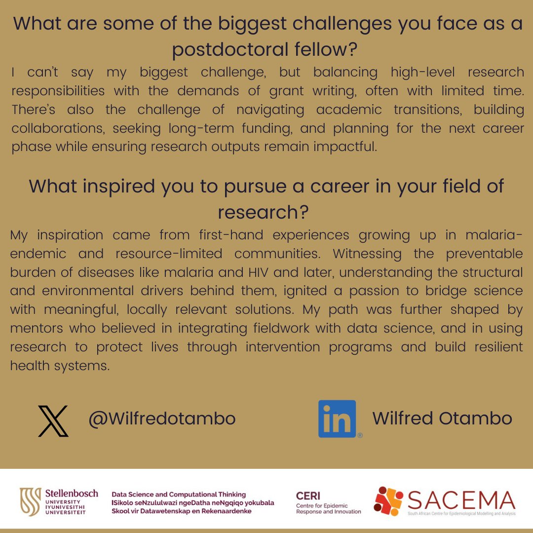 SA Centre for Epidemiological Modelling & Analysis (@sacema_su) on Twitter photo 🎙️What drives a scientist to explore disease, data, and human stories? Meet <a href="/Wilfredotambo/">Otambo Wilfred</a> , a researcher blending fieldwork, epidemiology & storytelling to tackle health challenges from Kenya to South Africa. 🦟🌍
👇 Read his journey & inspirations #GlobalHealth #Malaria 🎙️What drives a scientist to explore disease, data, and human stories? Meet <a href="/Wilfredotambo/">Otambo Wilfred</a> , a researcher blending fieldwork, epidemiology & storytelling to tackle health challenges from Kenya to South Africa. 🦟🌍
👇 Read his journey & inspirations #GlobalHealth #Malaria