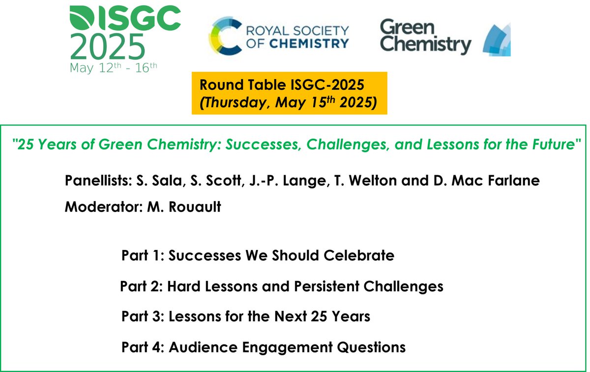 Green Chemistry (@green_rsc) on Twitter photo Join us in La Rochelle from May 12 to May 16, for ISGC 2025! 🔗isgc-symposium.com
Don't miss the round table and debate co-organized with us on Thursday, May 15th!
❇ Serenella Sala
❇ Jean-Paul Lange
❇ Douglas MacFarlane
❇ Tom Welton
❇ Susannah Scott
<a href="/RoySocChem/">Royal Society of Chemistry</a> Join us in La Rochelle from May 12 to May 16, for ISGC 2025! 🔗isgc-symposium.com
Don't miss the round table and debate co-organized with us on Thursday, May 15th!
❇ Serenella Sala
❇ Jean-Paul Lange
❇ Douglas MacFarlane
❇ Tom Welton
❇ Susannah Scott
<a href="/RoySocChem/">Royal Society of Chemistry</a>