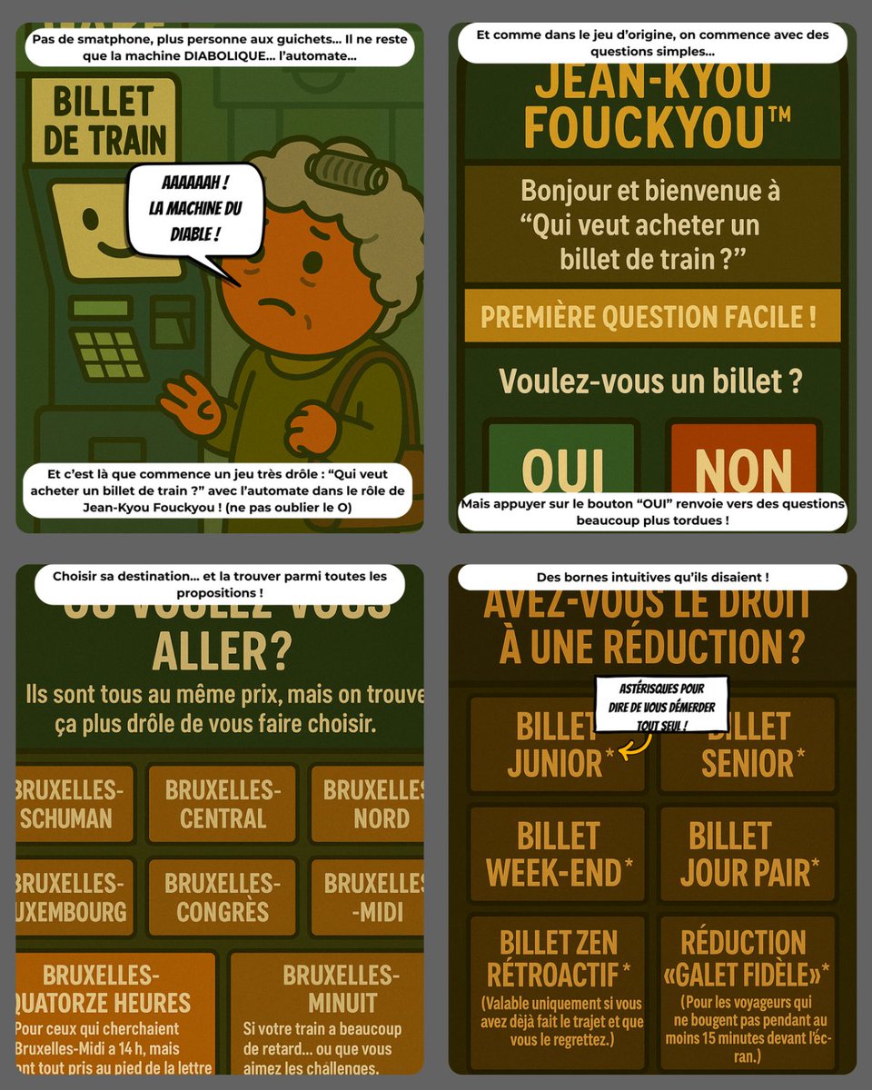 leskyous's tweet photo. Kyoudrienne voulait juste un billet de train.
Elle a eu :
– une borne-animateur de jeu télé
– 37 offres absurdes
– et un train à l’heure. Qu’elle a raté.
➡️ L’histoire complète ici : https://t.co/FmB21aj0sw
#bd #absurde #kyous #transports https://t.co/bKo90Qud1E