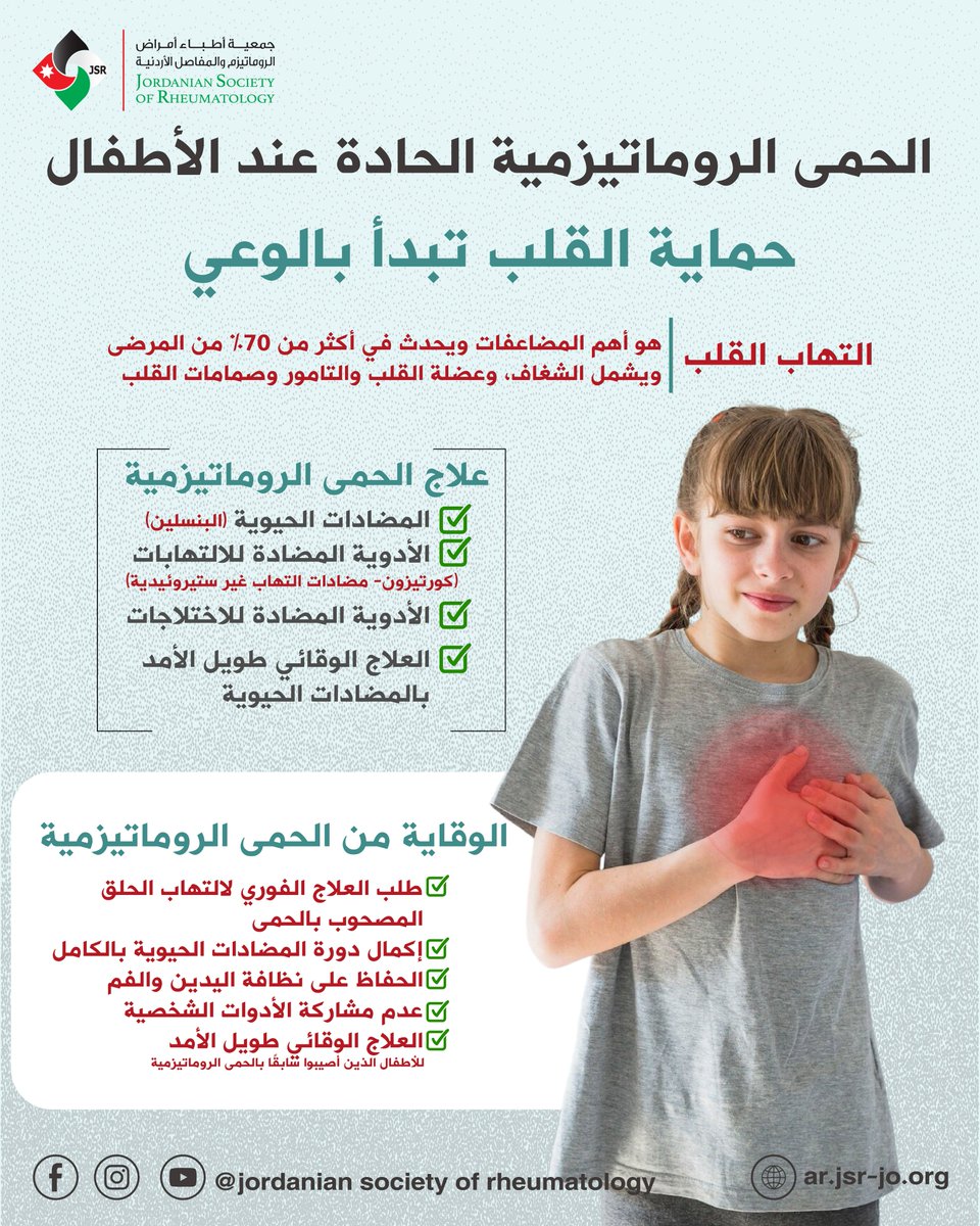 Jordanian Society of Rheumatology - JSR (@jsrheumatology) on Twitter photo في هذا المنشور نتابع الحديث حول مضاعفات الحمى الروماتيزمية الحادة عند الأطفال وطرق علاجها والوقاية منها.
تابعوا الرابط التالي للتفاصيل:
tinyurl.com/3ensbx2e
#مرضى_الروماتيزم #الروماتيزم #جمعية_أطباء_الروماتيزم_الأردنية #الحمى_الروماتزمية في هذا المنشور نتابع الحديث حول مضاعفات الحمى الروماتيزمية الحادة عند الأطفال وطرق علاجها والوقاية منها.
تابعوا الرابط التالي للتفاصيل:
tinyurl.com/3ensbx2e
#مرضى_الروماتيزم #الروماتيزم #جمعية_أطباء_الروماتيزم_الأردنية #الحمى_الروماتزمية