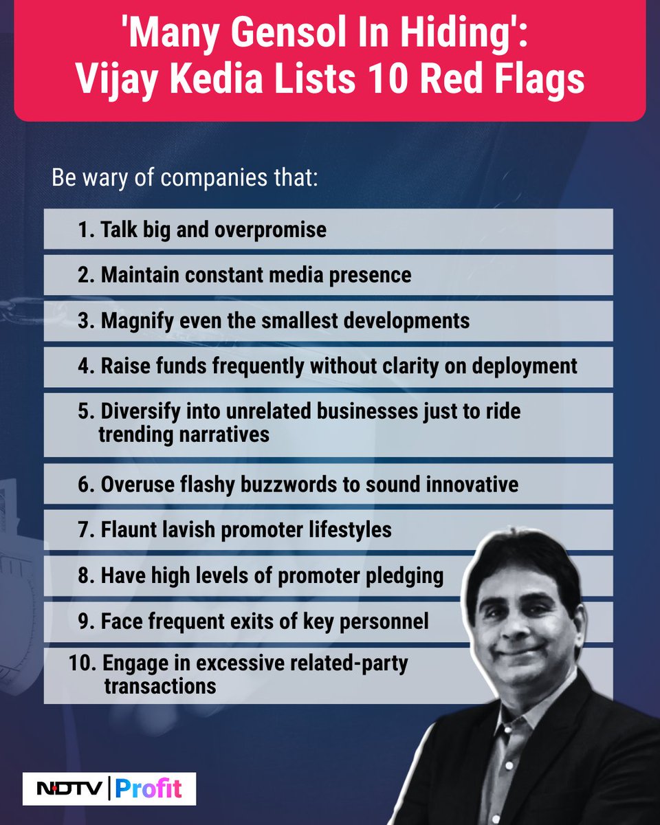 NDTV Profit (@ndtvprofitindia) on Twitter photo Amid #Gensol row, <a href="/VijayKedia1/">Vijay Kedia</a> highlights "10 red flags" which investors and market observants should track.
Read: bit.ly/3G9EfM9 Amid #Gensol row, <a href="/VijayKedia1/">Vijay Kedia</a> highlights "10 red flags" which investors and market observants should track.
Read: bit.ly/3G9EfM9