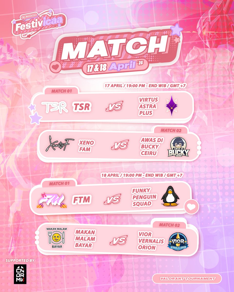 CNDRMW_Prod's tweet photo. 📆FESTIVICAA SCHEDULE📆

• Day 1 (17 April 2025)
🕖 19:00 GMT +7
Match 1
TSR 🆚 VTA

Match 2
XF 🆚 ABC

• Day 2 (18 April 2025)
🕖 19:00 GMT +7
Match 1
FTM 🆚 FPS

Match 2
MMB 🆚 RVR

Livestreams at @blessicaa_id 's YT!

#Festivcaa #CNDRMW #VtuberID #ValorantIndonesia #Valorant https://t.co/83RkQa1t3K