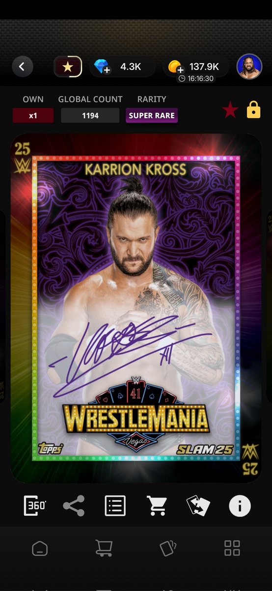 TimJohnson420's tweet image. I just pulled a super rare @realKILLERkross "Purple Autograph" from the Wrestlemania 41 set. This is my 1st Karrion Kross autograph I've pulled. I've been waiting for one for a while now. Thanks @ToppsSLAM I'm enjoying this set!

#WrestleMania #ToppsSlam