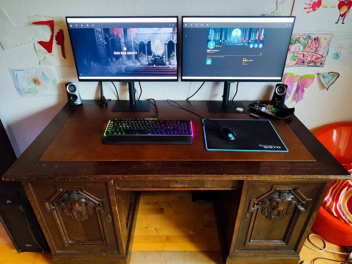 This is my current setup. Should I stay classic or is it time for an upgrade to a modern desk? 

<a href="/DeadKingSociety/">Dead King Society</a>