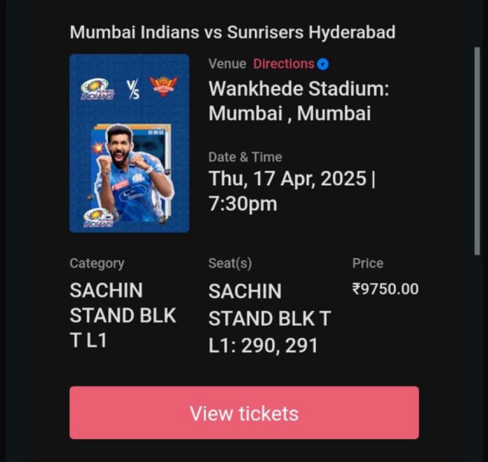 #MIvSRH  MATCH on 17th APRIL

LAST 6 tickets available for sale

Dm on whatsapp - 9216810418 to buy

Level 1 and level 3 tickets available 

*****BE AWARE OF SCAMMERS*****

#iplticket #MIvSRH #mivssrhtickets #mitickets #srhtickets #TATAIPL2025 #IPL2025 #ipltickets