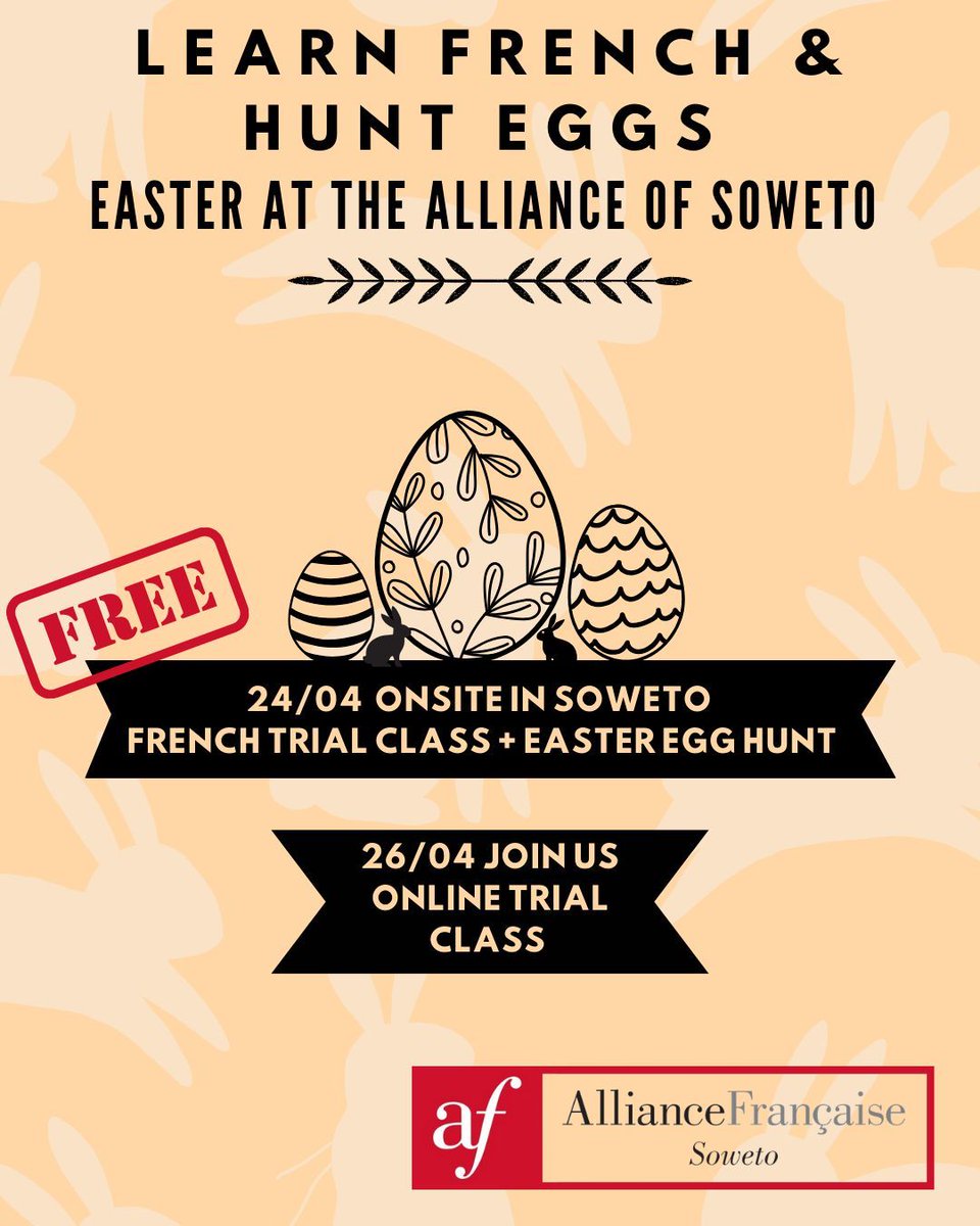 4pm - 4:45pm : French class for kids 🐣

4:45pm : Easter Egg Hunt 🍫🐰🍬

5pm - 6pm : French class for teens and adults 🐥