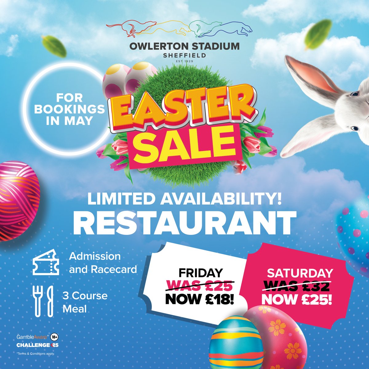 🐣 Our Easter Sale is NOW LIVE – for 6 days only! 🎉

Enjoy egg-cellent savings on our Restaurant – available for Fridays &amp; Saturdays in May only! 🍴🐾🎶

💸 Friday – was £25, now £18
💸 Saturday – was £32, now £25
Book now: tinyurl.com/ytv2tbrc

#EasterSale #GreyhoundRacing