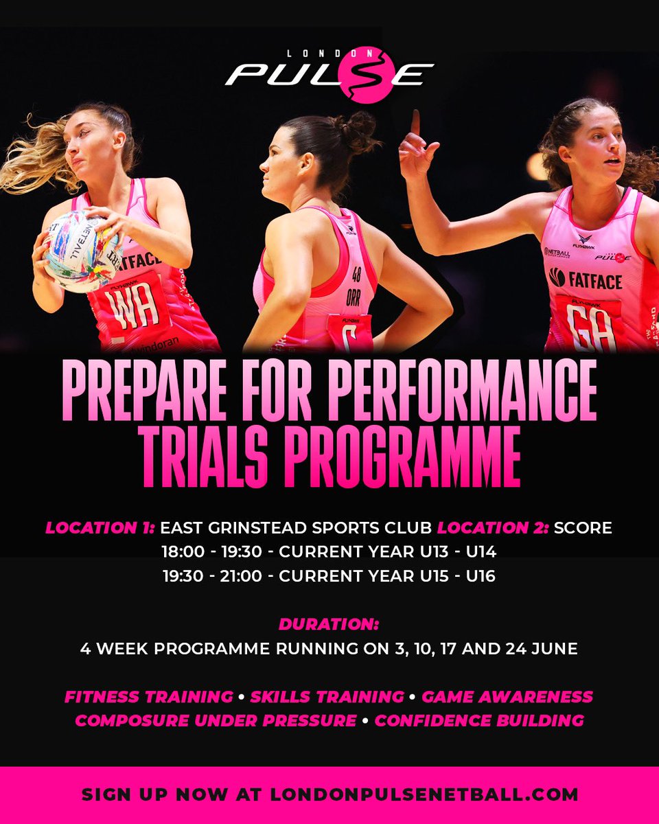 🏐 Ready to level up your netball game in the off season?

We’re BACK with our Prepare for Performance Trials Programme this June!

📍 East Grinstead &amp; Score

📅 3, 10, 17, 24 June

💪 Skills, fitness, confidence &amp; more!

🎟️ Sign up: londonpulsenetball.com/product/london…