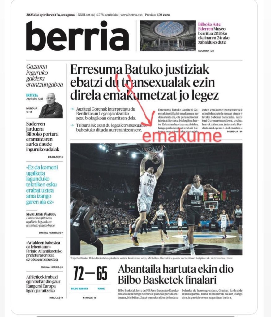 Ei <a href="/berria/">Berria.eus</a> azaltzerik bai erabiltzen duzuela « transexualak »? 
1) adjektibo bat da
2) emakumeei buruz ari da
3) trans edo transgenero dira terminoak, sexua mito bat delako
« emakume transak/transgeneroak » litzateke beraz, milesker!