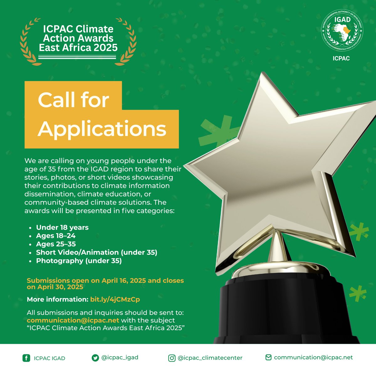 🏆 🌍 Calling all young changemakers! 🌱

Are you under 35 years old and from the #IGAD region? Do you have inspiring stories, impactful photos, or engaging short videos highlighting community-based climate solutions? We want to recognize and reward you!

Showcase how you're