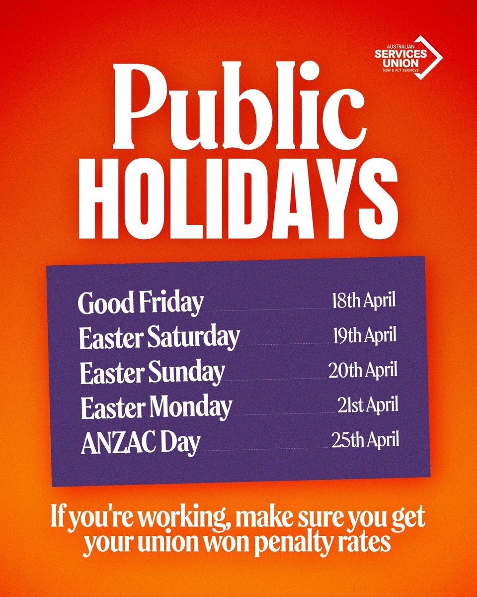 asu_nsw_act's tweet photo. This weekend marks the Easter long weekend!
With five public holidays coming up, if you're working, make sure you double check your pay slip. Union won penalty rates apply all five days!
#ASUproud #PublicHolidayPay https://t.co/FgaZsps0ix