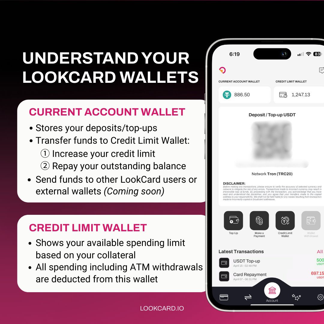 LookCard_io's tweet image. Confused about the two wallets in your #LookCard account? 🤔 Here’s a quick explanation of the Current Account Wallet vs. the Credit Limit Wallet💡Understand your wallets better &amp;amp; spend smarter! 💳

#SpendwithLookCard #CryptoCreditCard #Crypto #CryptoCard #USDT #CryptoCommunity