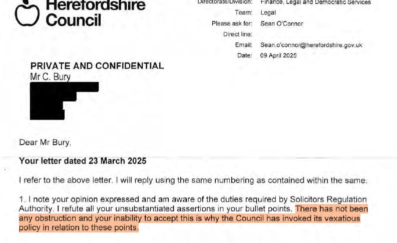 whileincare's tweet image. Want to see a local council solicitor use ableist language?
I present to you Sean O'Connor of Herefordshire Council.
As for 'unsubstantiated' and 'no obstruction', I'll be detailing those.
#ICOnews #sra_solicitors