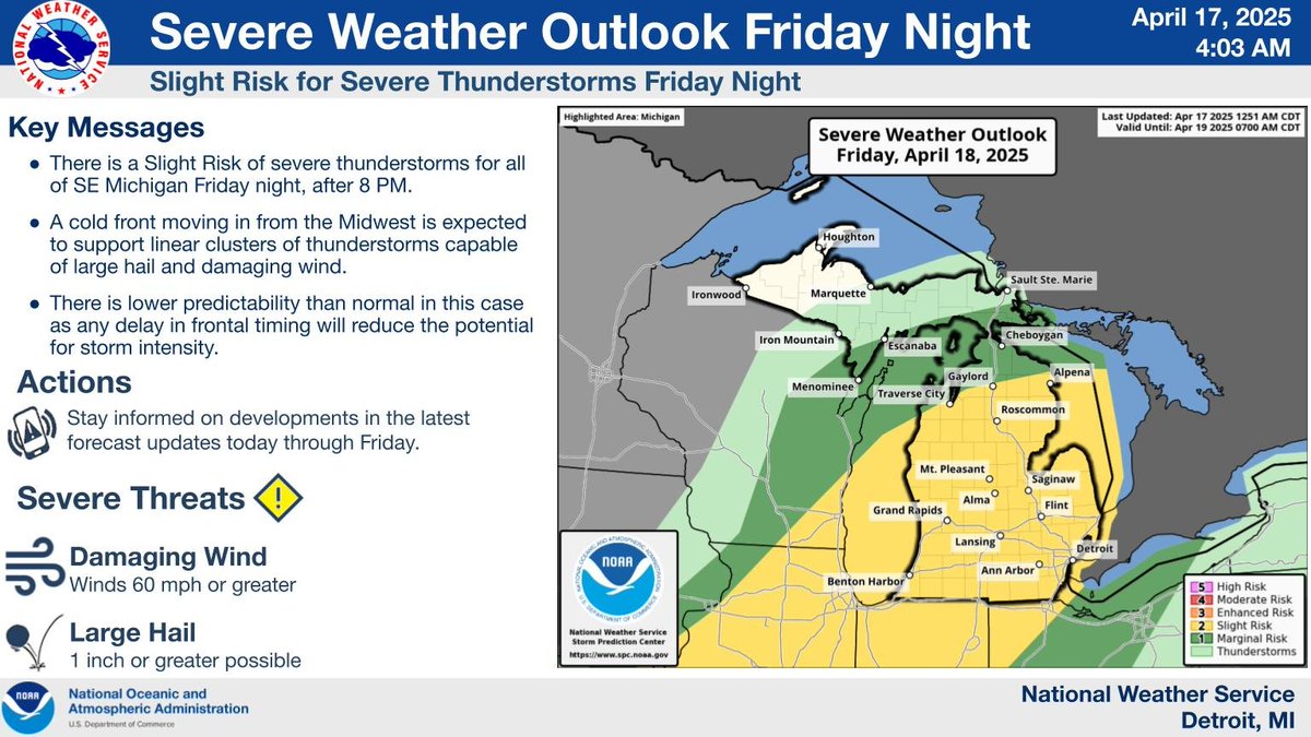There is a Slight Risk of severe thunderstorms Friday night. #miwx