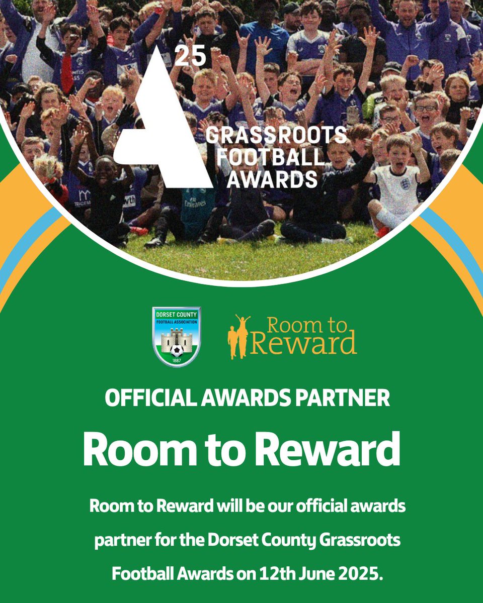 Dorset County Football Association (@dorsetcfa) on Twitter photo We're pleased to announce a partnership with <a href="/RoomToReward/">Room to Reward</a>! 🤝
The charity will be our official awards partner for the Dorset County FA Grassroots Football Awards on 12th June 2025.
➡️ buff.ly/6gsiB80
#DorsetFootball | #DorsetVolunteers We're pleased to announce a partnership with <a href="/RoomToReward/">Room to Reward</a>! 🤝
The charity will be our official awards partner for the Dorset County FA Grassroots Football Awards on 12th June 2025.
➡️ buff.ly/6gsiB80
#DorsetFootball | #DorsetVolunteers
