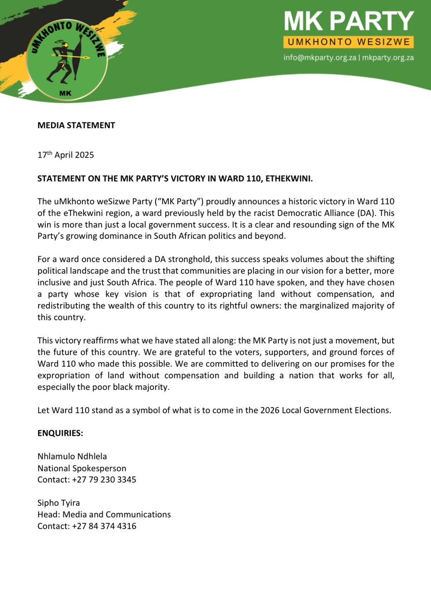 [MEDIA STATEMENT]: STATEMENT ON THE MK PARTY'S VICTORY IN WARD 110, ETHEKWINI.