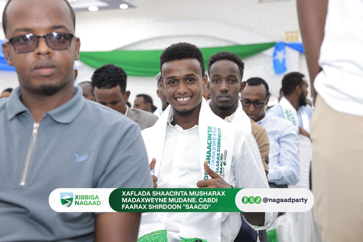 nagaadparty's tweet photo. Xafladda shaacinta Musharrax Madaxweyne Cabdi Faarax Shirdoon “Saacid” si rasmi ah ayey inoogu furantay! Waa billowga rajo cusub, hoggaan cusub iyo mustaqbal cusub oo Soomaaliya u horseeda nabad, cadaalad iyo horumar. #MasoIyoMidnimo https://t.co/Mia80Z2Oqg