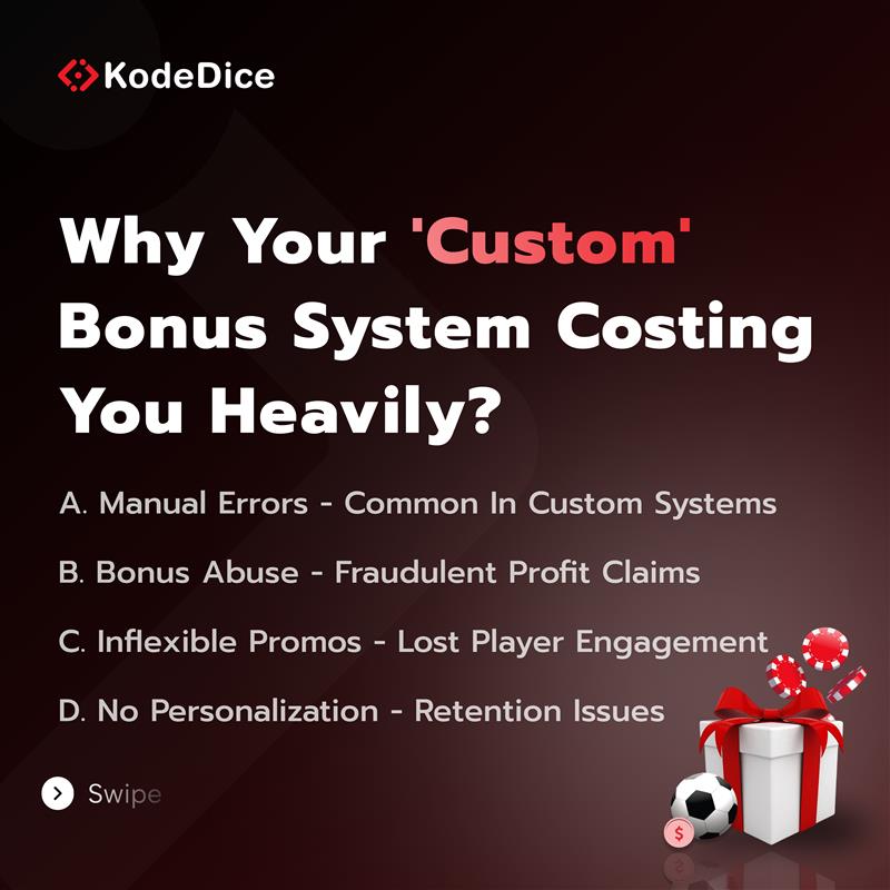 kodedice's tweet photo. Custom bonus engine costing you? Errors, abuse, inflexible promos, and no personalization bleed cash and lose VIPs. Prebuilt, AI-powered tools fix this, saving $500K+. Stop coding bonuses, comment 'BONUS' for our solution! #BonusSystem #iGaming #kodedice https://t.co/TuNcNPGQF1
