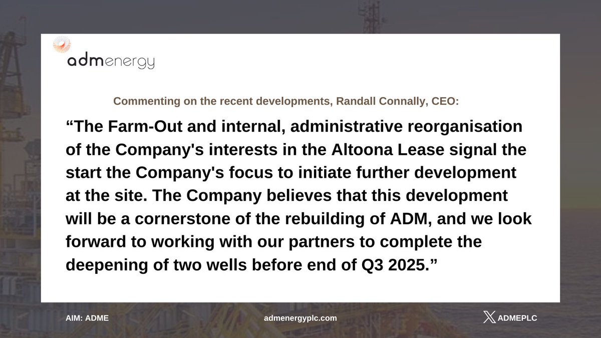 Randall Connally, CEO, commented: 

“The Farm-Out and internal, administrative reorganisation of the Company's interests in the Altoona Lease signal the start the Company's focus to initiate further development at the site.”

londonstockexchange.com/news-article/A…

#ADME
