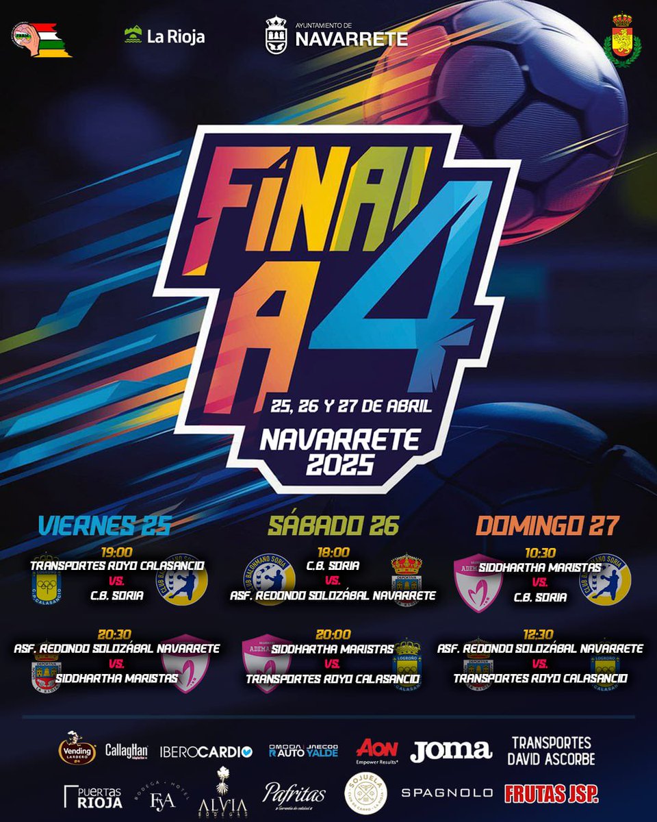➡️ FINAL A 4 NAVARRETE.

Del 25 al 27 de abril disfrutaremos en polideportivo María Ramírez de esta espectacular F4.

#LaRiojaEsBalonmano