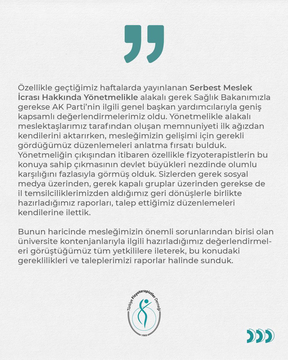 TFD1969's tweet photo. 📍 Ankara’da yoğun ama bir o kadar da verimli bir gün geçirdik.

Türkiye Fizyoterapistler Derneği olarak; mesleğimizin bugünü ve geleceği adına belki de şimdiye kadar yapılan en geniş kapsamlı temasları gerçekleştirdik.  

🔹 Sağlık Bakanımız Sn. Kemal Memişoğlu  
🔹 İçişleri Bakanımız Sn. Ali Yerlikaya  
🔹 Cumhurbaşkanı Başdanışmanı Sn. Akif Çağatay Kılıç  
🔹 AK Parti Genel Başkan Yardımcıları Sn. Fatma Betül Sayan Kaya ve Sn. Halit Yerebakan  
🔹 Sağlık Komisyonu üyeleri ve diğer devlet yetkilileriyle mesleğimizin temel sorunlarını, taleplerimizi ve çözüm önerilerimizi görüştük.

Serbest Meslek Yönetmeliği sonrası sürecin etkin şekilde uygulanması, kamuda istihdamın artırılması, kontenjanlar ve özlük hakları gibi birçok başlıkta somut raporlarımızı sunduk.

Bu süreçte bizden desteğini esirgemeyen kıymetli meslektaşımız ve Nevşehir Milletvekili Sn. Emre Çalışkana ayrıca teşekkür ediyoruz.

 Mücadelemiz daha yeni başlıyor.

Türkiye Fizyoterapistler Derneği Yönetim Kurulu Adına
Başkan
K. Zafer Aksungur

@tcbestepe 
@TC_icisleri 
@saglikbakanligi 
@Akparti 
@TFD1969 
@ackilic76 
@AliYerlikaya 
@drmemisoglu 
@drbetulsayan 
@DrYerebakan 
@Emre_Caliskann