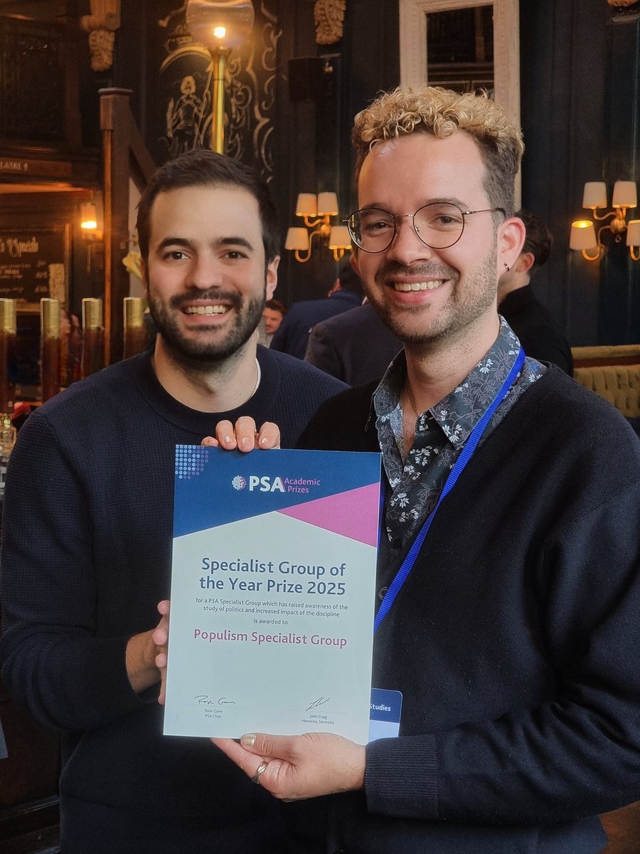populismPSA's tweet photo. What a way to end #PSA25: Populism SG won Specialist Group of the Year! Huge shoutout to all our amazing convenors, past and present. @bolandeira &amp; @TheoAiolfi accepted the award on everyone’s behalf—cheers to @GiorgoVenizelos, @jrochg_uoc, Laura Chazel &amp; Jana Goyvaerts! https://t.co/3Ual9yfE4k
