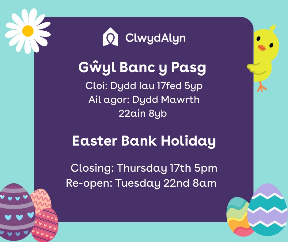 ClwydAlyn (@clwydalyn) on Twitter photo 🐰 Our Contact Centre will be closed and social media accounts not monitored from 5pm 17th April - 22nd April #EasterWeekend.
Emergencies will go to Galw Gofal, our out of hours provider.
Non-emergencies email: help@clwydalyn.co.uk.
website: clwydalyn.co.uk 🐰 Our Contact Centre will be closed and social media accounts not monitored from 5pm 17th April - 22nd April #EasterWeekend.
Emergencies will go to Galw Gofal, our out of hours provider.
Non-emergencies email: help@clwydalyn.co.uk.
website: clwydalyn.co.uk