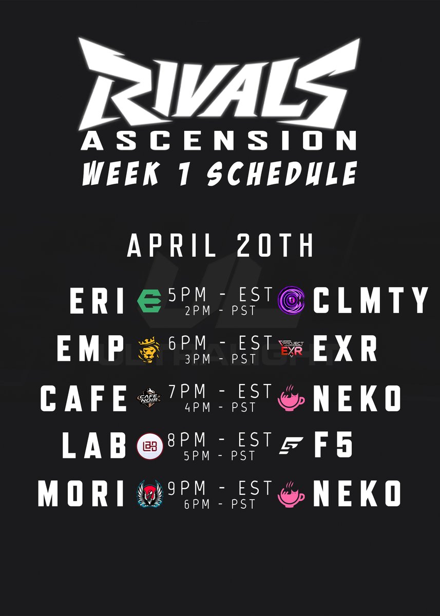 UltraLight (@eultralight) on Twitter photo Week 1 of Rivals Ascension Invitational Schedule IS LIVE!
Who do you think is going to come out on top?
<a href="/MarvelRivalsLFT/">Marvel Rivals LFP/LFT</a> <a href="/RivalsIntel/">Marvel Rivals Intel</a> Week 1 of Rivals Ascension Invitational Schedule IS LIVE!
Who do you think is going to come out on top?
<a href="/MarvelRivalsLFT/">Marvel Rivals LFP/LFT</a> <a href="/RivalsIntel/">Marvel Rivals Intel</a>