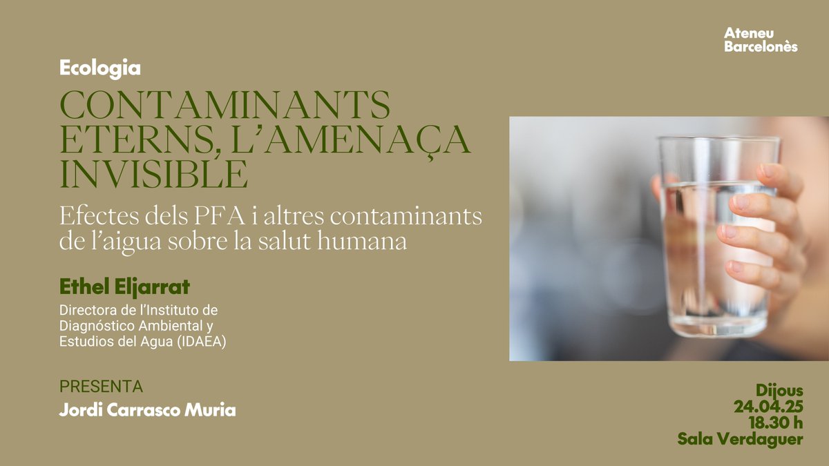 Ateneu Barcelonès (@ateneubcn) on Twitter photo 😮 Coneixes els anomenats "contaminants eterns"?
👀 Un tema essencial per a la salut i que encara no se'n parla tant com s'hauria
🗣️ Una xerrada d'Ethel Eljarrat, investigadora i directora de l'<a href="/IDAEA_CSIC/">Inst. of Environmental Assessment & Water Research</a> 😮 Coneixes els anomenats "contaminants eterns"?
👀 Un tema essencial per a la salut i que encara no se'n parla tant com s'hauria
🗣️ Una xerrada d'Ethel Eljarrat, investigadora i directora de l'<a href="/IDAEA_CSIC/">Inst. of Environmental Assessment & Water Research</a>