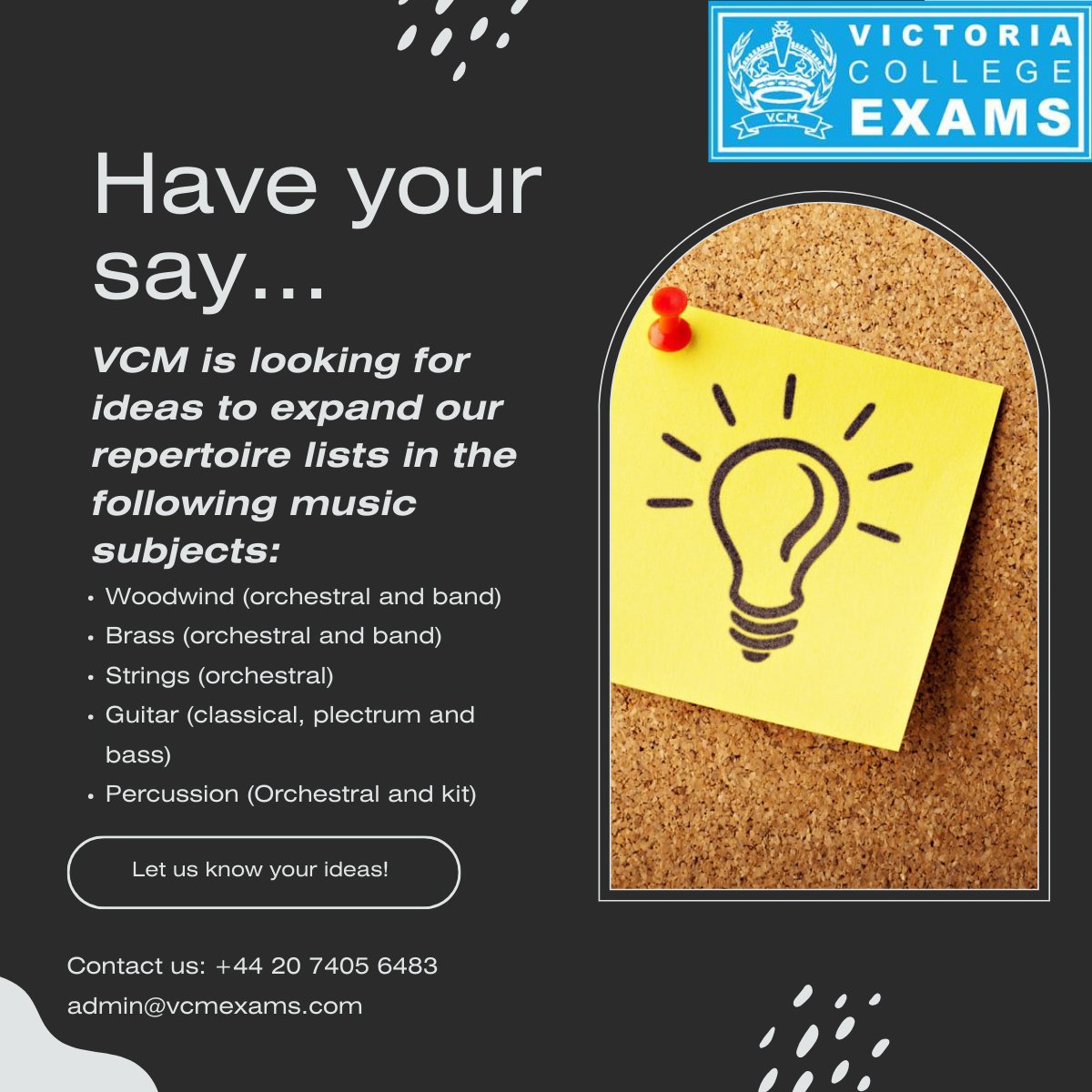 Would you like to see an old favourite back? A new discovery to share? Let us know!

#vcmexams #toencourage #newmusic #gradedexams