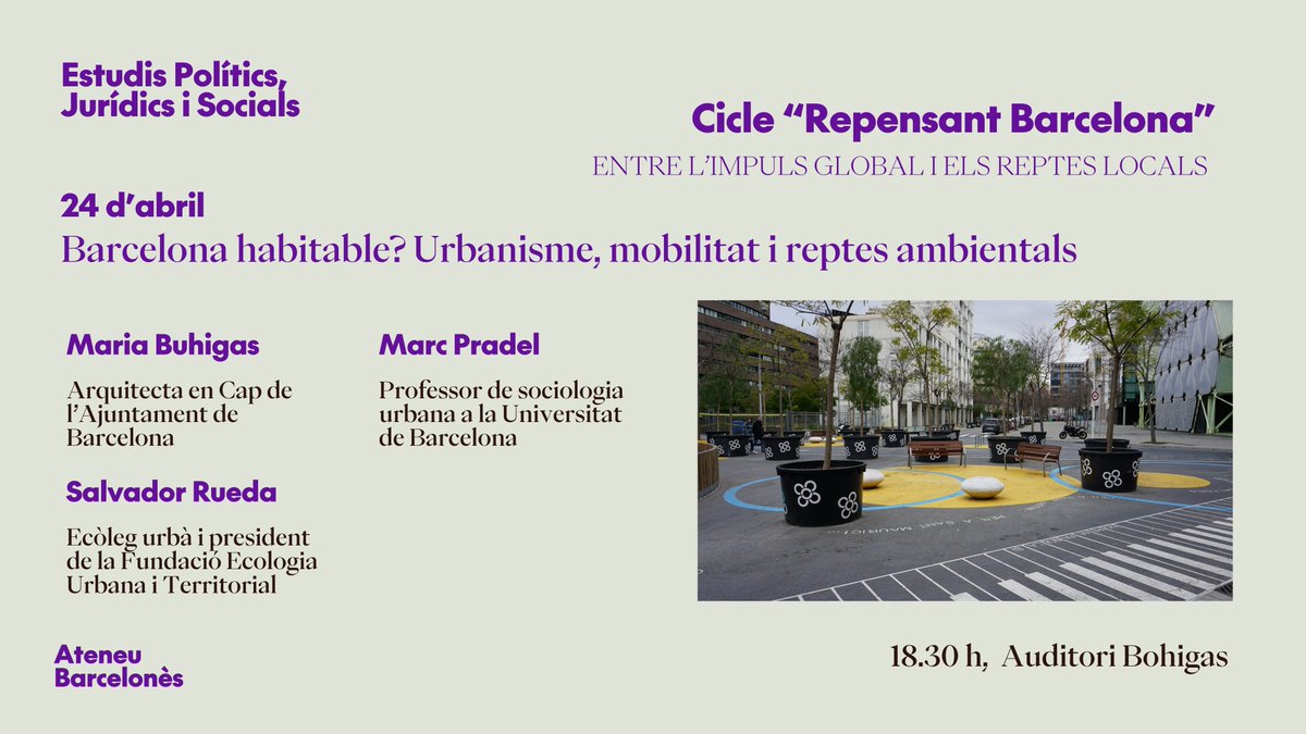 🤔 És aquesta la Barcelona que volem? Quines tensions poden sorgir entre les polítiques de mobilitat, l’habitatge i l’ecologia urbana?

👀 En parlarem la setmana vinent dins el cicle "Repensant Barcelona"

🗓️ Dijous 24 d'abril
🕢 18.30h