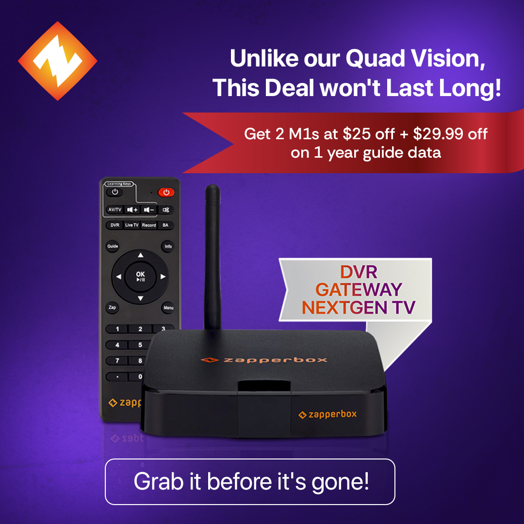 BoxZapper's tweet image. Why settle for one ZapperBox when you can double the power with v3.2.5?🤩

🎉To celebrate, we’re offering $25 off when you buy two M1s, PLUS one year of free guide data ($29.99 value)👉zapperbox.com/pages/discounts

#ZapperBox #DVR #CordCutters #tvlovers #HomeEntertainment