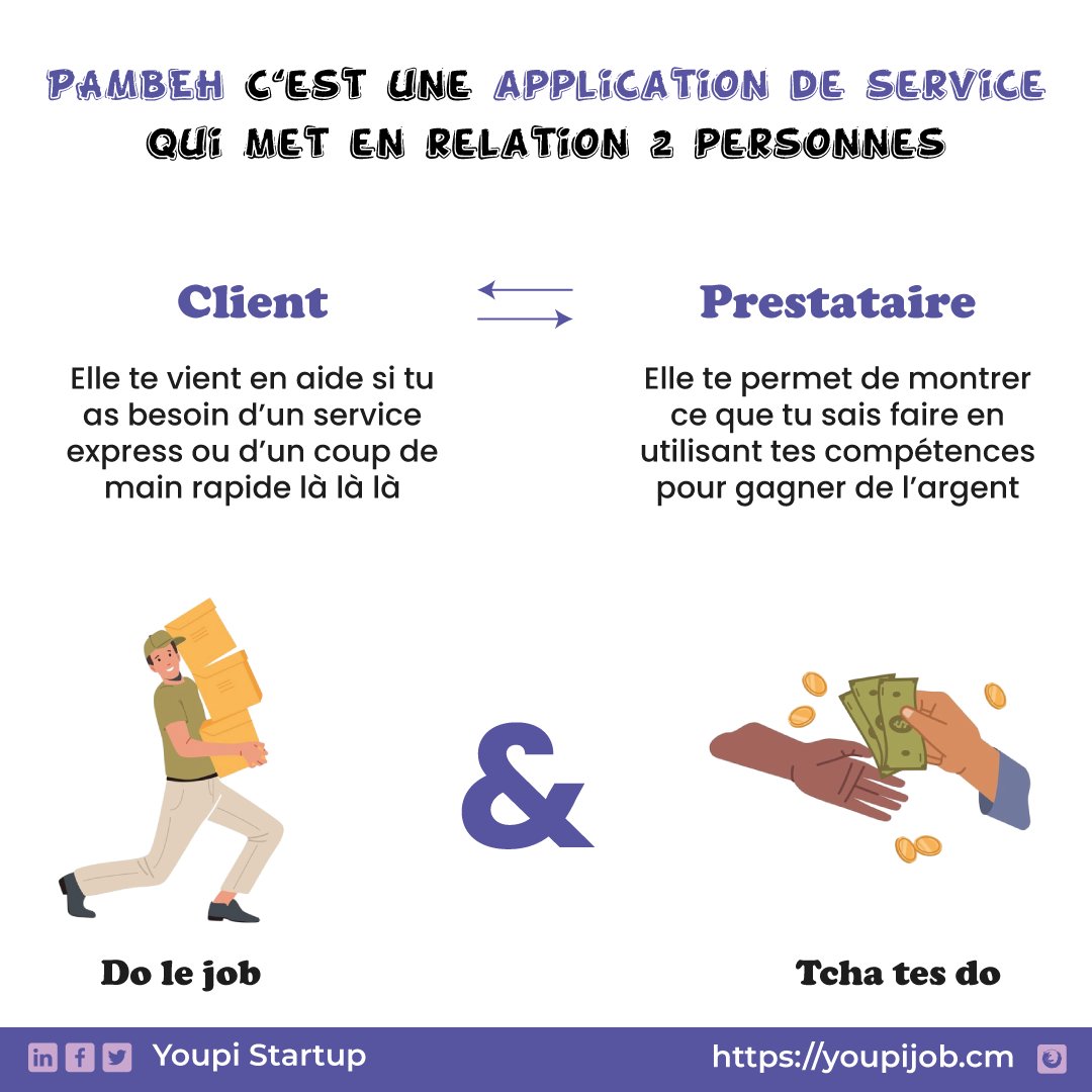 𝗣𝗮𝗺𝗯𝗲𝗵, 𝗰’𝗲𝘀𝘁 𝗾𝘂𝗼𝗶 ?

C’est une application de service  qui te connecte avec la bonne personne, au bon moment!😀

𝗖'𝗲𝘀𝘁 𝗾𝘂𝗼𝗶 𝘁𝗼𝗻 𝗽𝗮𝗺𝗯𝗲𝗵 ?
𝘿𝙤 𝙡𝙚 𝙟𝙤𝙗 𝙚𝙩 𝙩𝙘𝙝𝙖 𝙩𝙚𝙨 𝘿𝙤💸

𝗣𝗔𝗠𝗕𝗘𝗛 𝗝𝗝-𝟭𝟰

#Pambeh #jesuisdansmonpambeh #appmobile