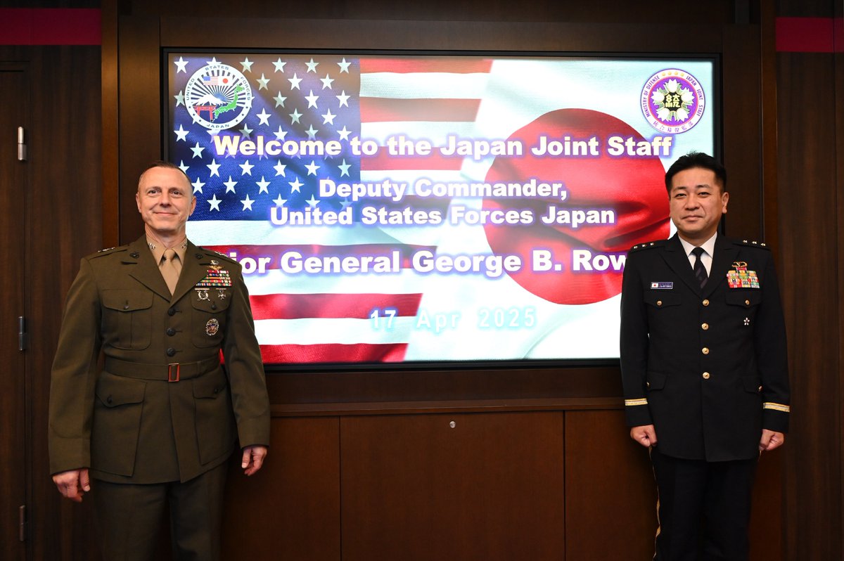 JapanJointStaff's tweet photo. On Apr 17th, #VCJJS LTG Matsunaga Koji received an office call from Maj Gen George B. Rowell Ⅳ, Deputy Commander, United States Forces Japan. 🇯🇵🇺🇸
For more detail
https://t.co/tkv7eJTiJ8 https://t.co/ABlBnICpa7