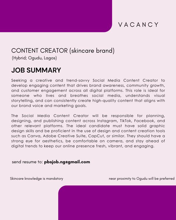 JobVacanciesNig's tweet photo. Content Creator (skincare brand) https://t.co/6bwFFNJUkQ