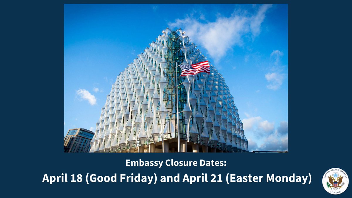 USAinUKConsular's tweet image. The U.S. Embassy in London and our Consulates General in Edinburgh and Belfast will be closed from Friday, April 18 to Monday, April 22, 2025 for the Easter holiday. We will reopen on Tuesday, April 22.
