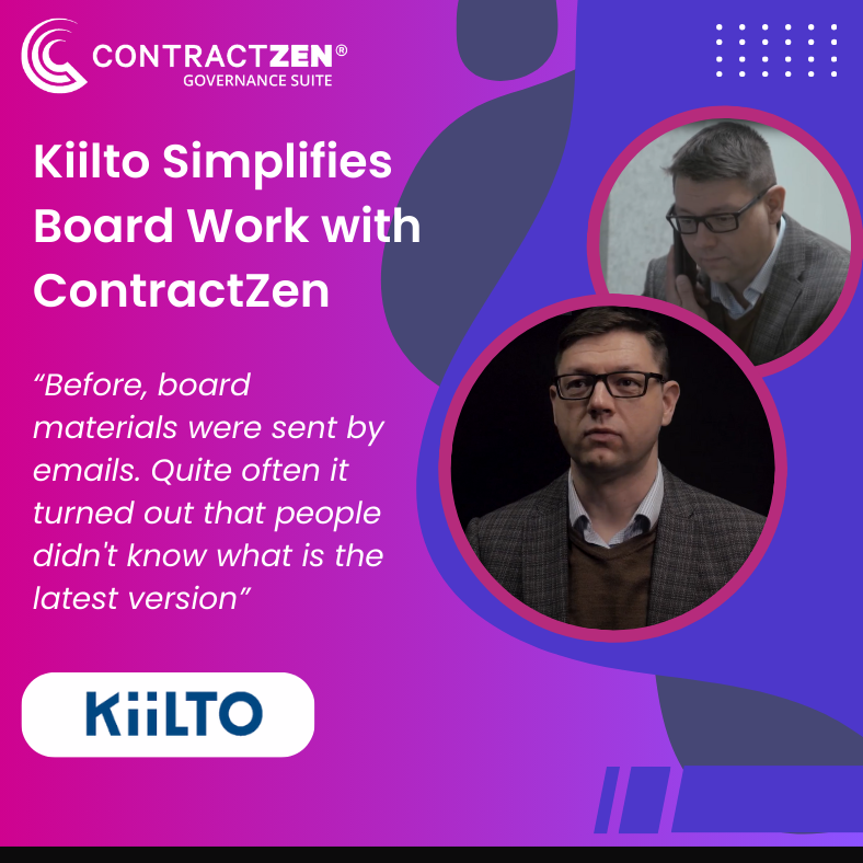 Kiilto Simplifies Board Work with ContractZen

Kiilto, a 100-year-old company with operations in 11 countries, turned to ContractZen to improve board efficiency.

1.) Needed secure, centralized storage for board documents
2.) Wanted all members to access the latest version of