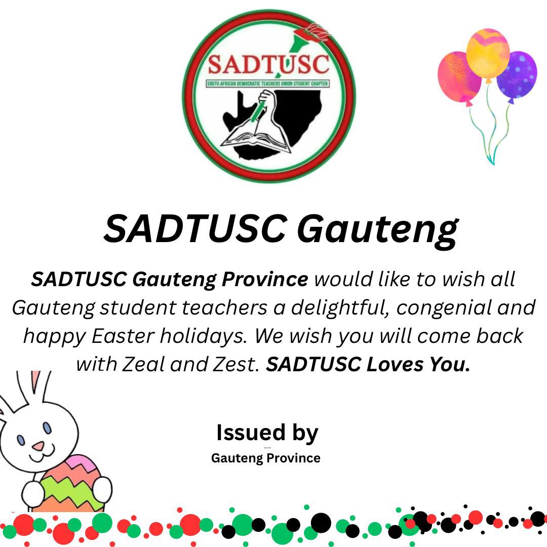 gpsadtusc's tweet image. Wishing all SADTUSC members in Gauteng a joyful, peaceful, and safe Easter weekend! May this time be filled with rest, reflection, and meaningful moments with loved ones.❤️