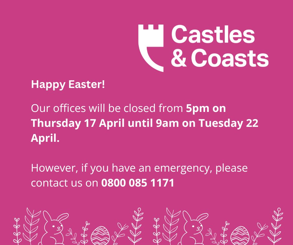 Our offices will be closed from 5pm on Thursday 17 April until 9am on Tuesday 22 April.

If you have an emergency (i.e. a repair or heating/hot water breakdown) don't worry, you can still call 0800 085 1171 and you will be able to speak to our out of hours advisors for help.