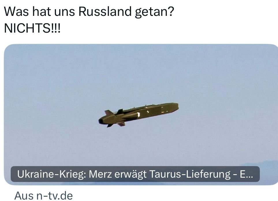 M. Markert (@mathiasmarkert) on Twitter photo Friedrich Merz <a href="/_FriedrichMerz/">Friedrich Merz</a>: Mit wie vielen toten Deutschen kalkulieren Sie, wenn die Russia "bekriegen"? Denn:
Was Merz und Co. bei ihren kriegerischen Aktionen immer vergessen zu erwähnen ist die Frage -die zwingend in kriegsstrategische Überlegungen einzustellen ist- mit Friedrich Merz <a href="/_FriedrichMerz/">Friedrich Merz</a>: Mit wie vielen toten Deutschen kalkulieren Sie, wenn die Russia "bekriegen"? Denn:
Was Merz und Co. bei ihren kriegerischen Aktionen immer vergessen zu erwähnen ist die Frage -die zwingend in kriegsstrategische Überlegungen einzustellen ist- mit