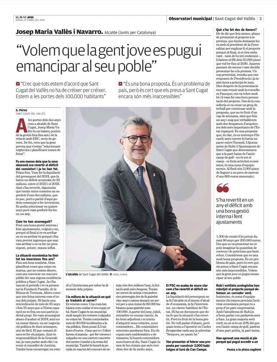 Junts Municipis | #Gentdedebò (@juntsmunicipis) on Twitter photo 📰 PREMSA | Entrevista a Josep Maria Vallès (<a href="/josepmvalles/">Josep Maria Vallès</a>), alcalde de Sant Cugat del Vallès, a <a href="/elpuntavui/">El Punt Avui 🎗️</a>:
“Volem que la gent jove es pugui emancipar al seu poble.”
🗣️ “És una bona proposta. És un problema de país, però és cert que els preus a Sant Cugat encara són més 📰 PREMSA | Entrevista a Josep Maria Vallès (<a href="/josepmvalles/">Josep Maria Vallès</a>), alcalde de Sant Cugat del Vallès, a <a href="/elpuntavui/">El Punt Avui 🎗️</a>:
“Volem que la gent jove es pugui emancipar al seu poble.”
🗣️ “És una bona proposta. És un problema de país, però és cert que els preus a Sant Cugat encara són més