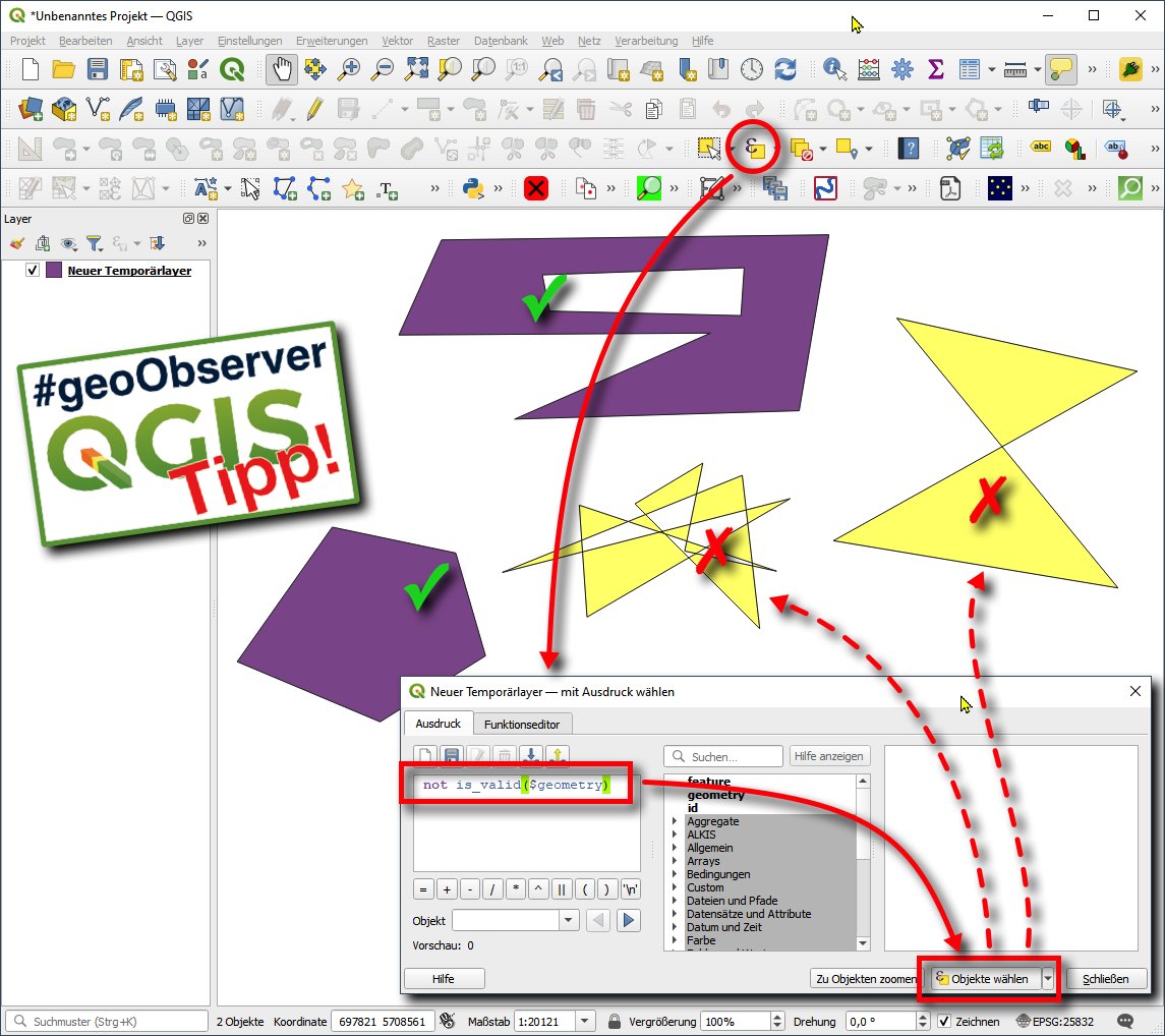 geoObserver_'s tweet photo. QGIS-Tipp: Ungültige Geometrien finden und selektieren / QGIS tip: Find and select invalid geometries https://t.co/0eOLaM8xgi #qgis #switch2qgis  #gistribe #gischat #fossgis #foss4g #OSGeo #spatial #geospatial #opensource #gis #geo #geoObserver pls RT https://t.co/31Ae71etIK