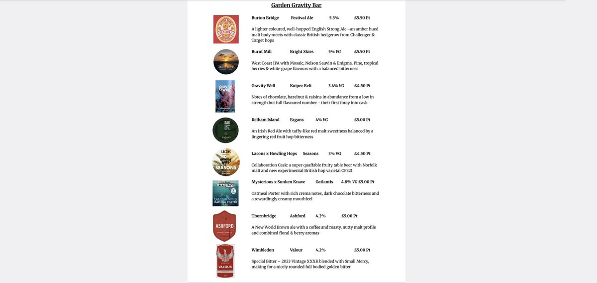 🍻 Easter Rising Line Up 🍻

Absolute mega list on Friday

<a href="/AbbeydaleBeers/">Abbeydale Brewery</a>, <a href="/BlackIsleBeer/">Black Isle Brewery</a>, <a href="/BurntMillBeer/">Burnt Mill Brewery</a>, <a href="/ElusiveBrew/">Elusive Brewing</a>, <a href="/GravityWellBeer/">Gravity Well Brewing Company</a>, <a href="/HarviestounBrew/">Harviestoun Brewery</a>, <a href="/HowlingHops/">Howling Hops</a>, <a href="/LaconsBrewery/">Lacons Brewery</a>, <a href="/Bridge_Brewer/">Burton Bridge Brewery</a>, <a href="/thornbridge/">Thornbridge Brewery</a>, <a href="/KelhamBrewery/">Kelham Island Brewery</a>, <a href="/mysteriousbrew/">Mysterious Brewing</a>, <a href="/SunkenKnave/">Sunken Knave</a>, <a href="/WimbledonBrew/">Wimbledon Brewery</a>