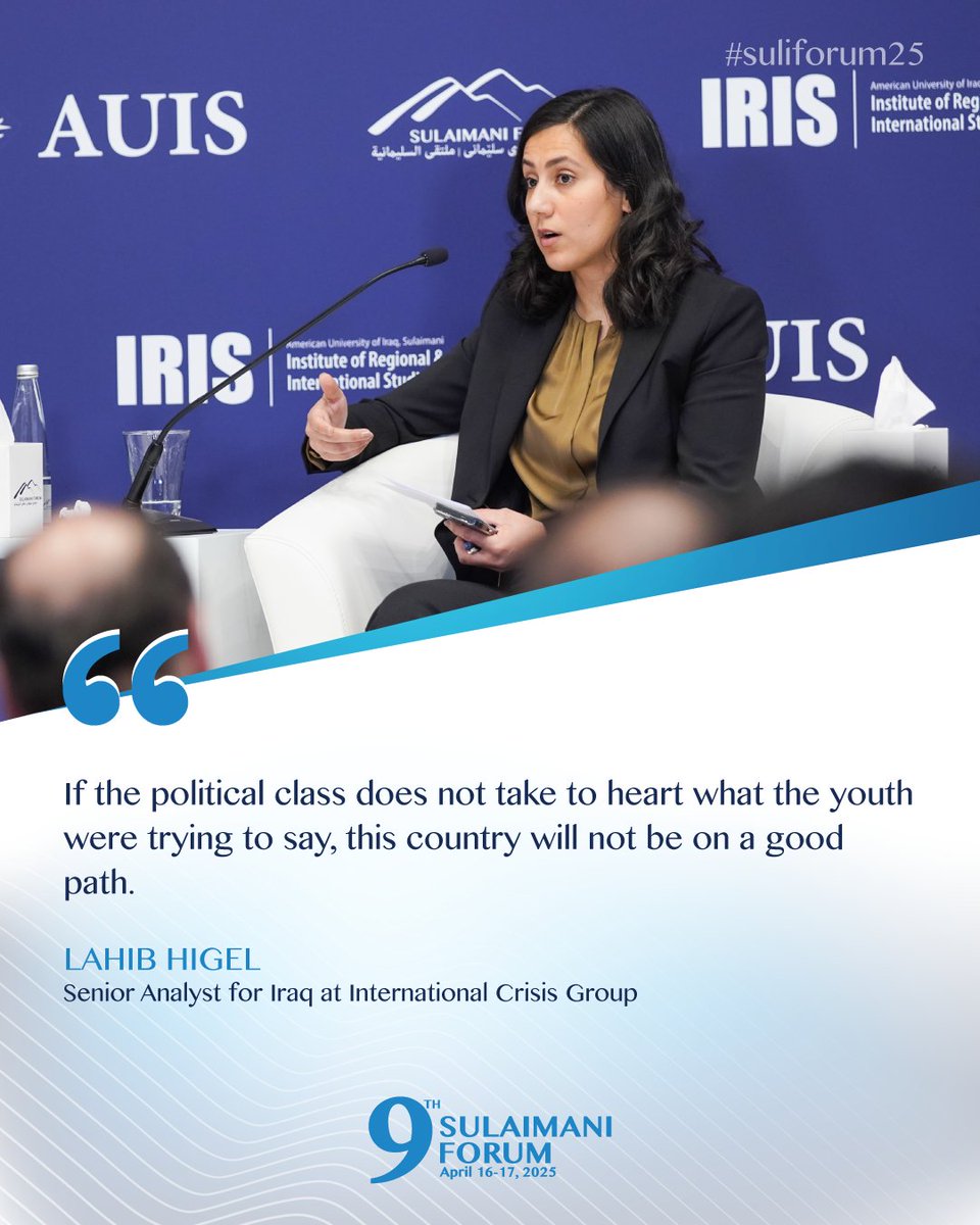 Senior Analyst for Iraq at <a href="/CrisisGroup/">Crisis Group</a>, <a href="/LahibHigel/">Lahib Higel لهيب هيجل</a>, at the 9th #suliforum25.

#AUIS #IRIS #suliforum25