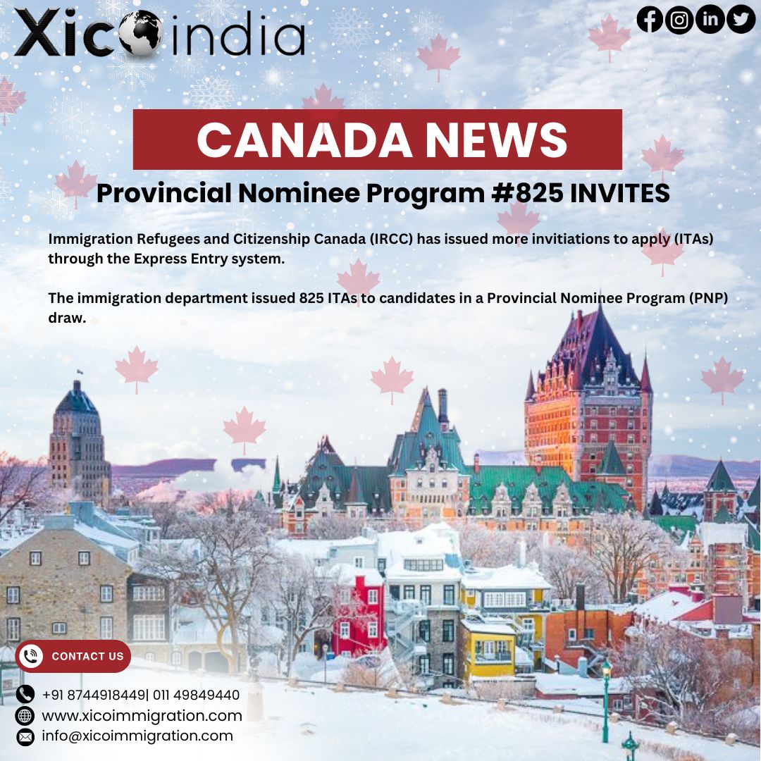 xicoindia_'s tweet image. The Express Entry draw for the Provincial Nominee Program (PNP) issued 825 invitations.

#expressentry #expressentrydraw #pnpprogram #pnp #crsscore #crs #immigrationconsultant #xicoindia #xicoindiaimmigration