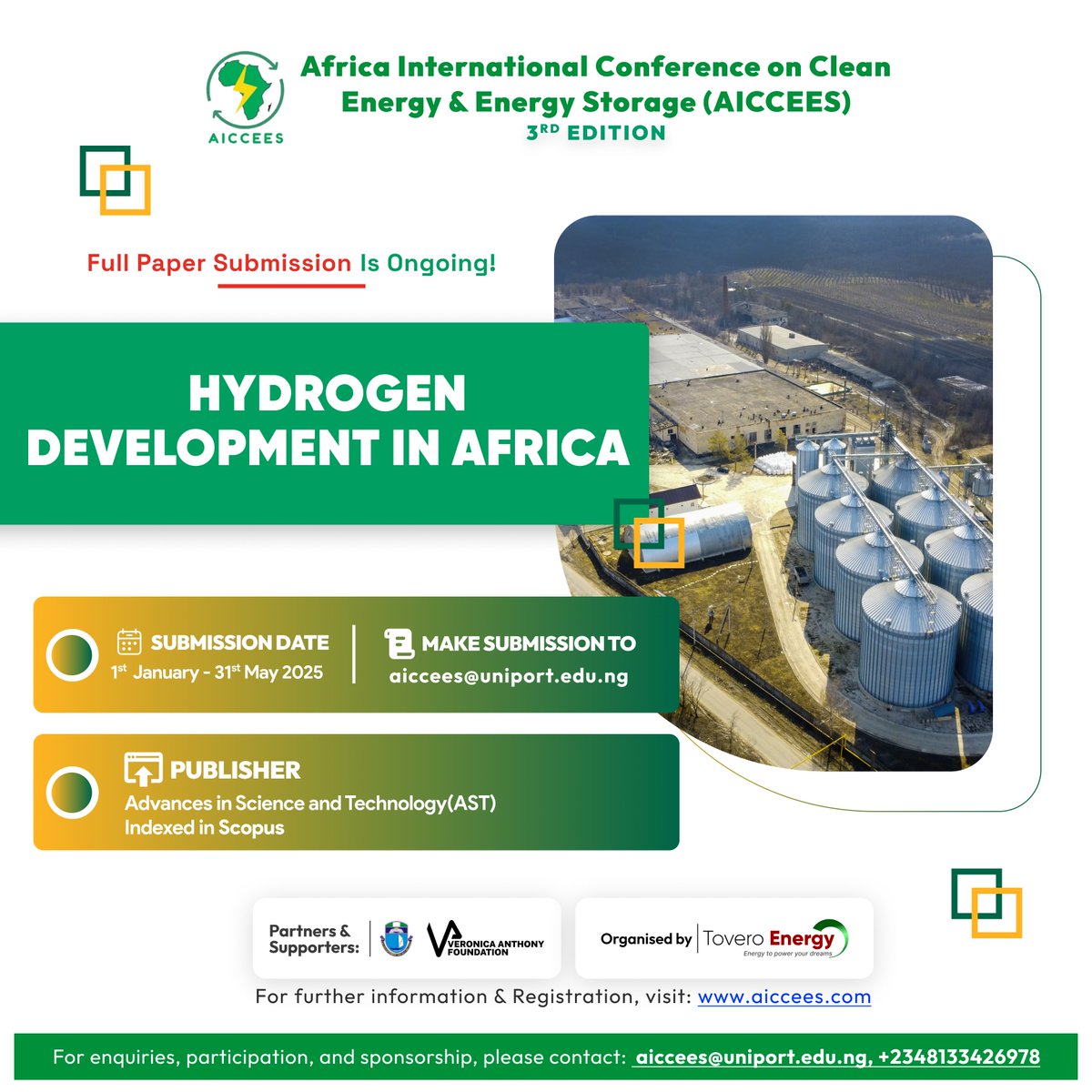 Tovero Energy (@toveroenergy) on Twitter photo ๐ #CallForPapers! Submit your research on #Hydrogen in Africa for the 3rd #AICCEES conference!
๐
Deadline: 31 May 2025
๐ฉ aiccees@uniport.edu.ng
๐ Scopus-indexed publication!
๐ Letโs drive #CleanEnergy together!
๐ aiccees.com ๐ #CallForPapers! Submit your research on #Hydrogen in Africa for the 3rd #AICCEES conference!
๐
Deadline: 31 May 2025
๐ฉ aiccees@uniport.edu.ng
๐ Scopus-indexed publication!
๐ Letโs drive #CleanEnergy together!
๐ aiccees.com